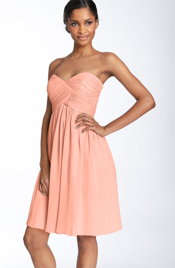 Pink Column Strapless Sweetheart Knee Length Zipper Ruched Chiffon Bridesmaid Dresses