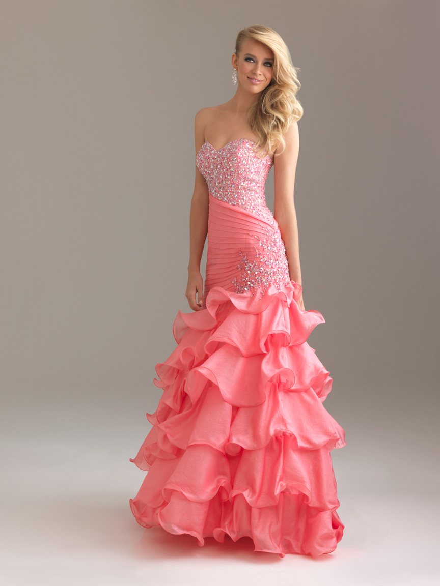 Pink Mermaid Sweetheart And Strapless Full Length Prom Dresses With Sequined And Tiered Ruffles 
