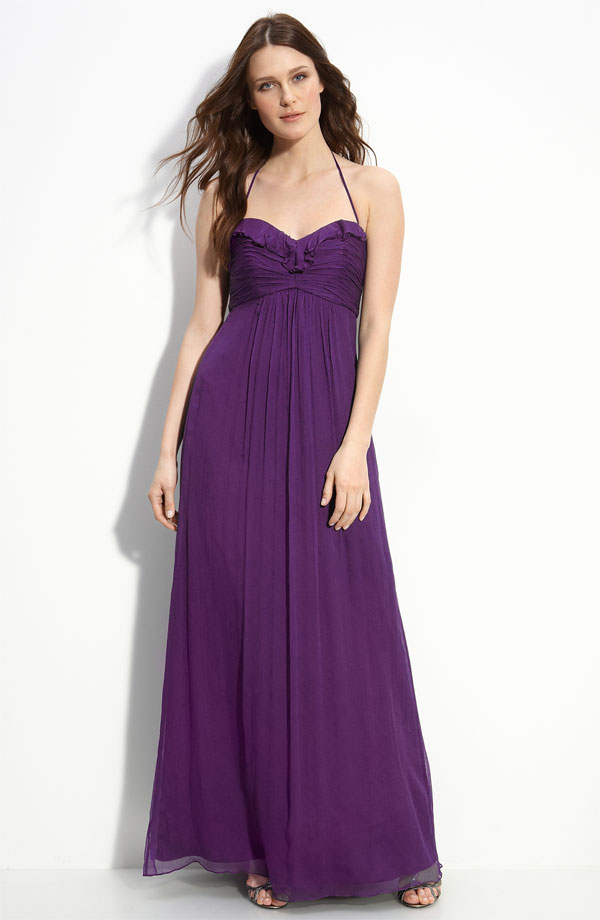 Purple A Line Halter And Sweetheart Zipper Floor Length Pleated Chiffon Prom Dresses