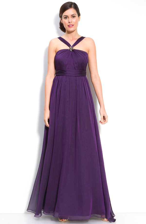 Purple A Line Halter Low Back Floor Length Chiffon Prom Dresses With Beading And Drapes