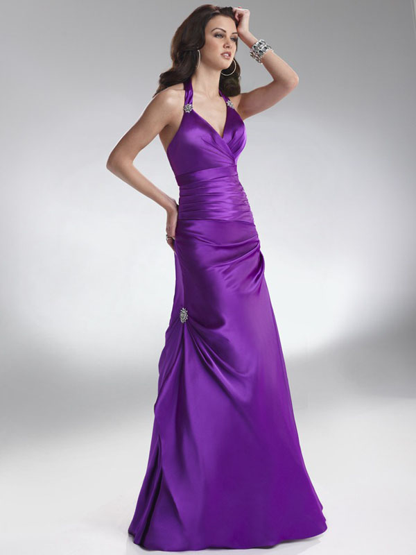 Purple A-Line Halter Open Back Ruches Beadings Floor Length Evening Dresses