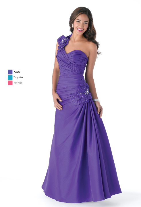 Purple A Line One Shoulder Lace Up Floor Length Satin Prom Dresses With Appliques And Drapes 