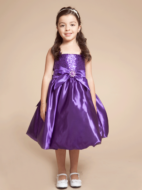 Purple Spaghetti Straps Tea Length A Line Flower Girl Dresses With Sequins And Sash 