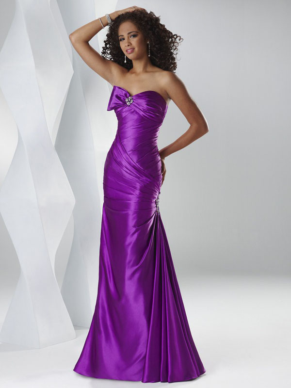 Purple A Line Strapless Sweetheart Lace Up Floor Length Evening Dresses With Bowknot And Pleats