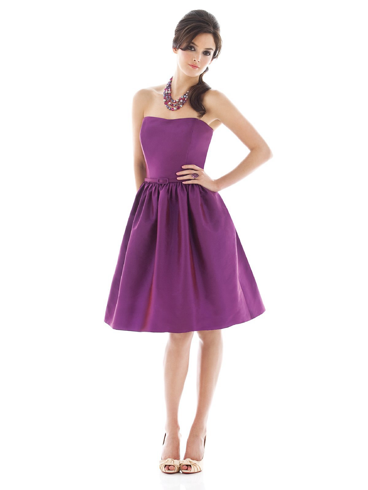 Purple A Line Strapless Zipper Knee Length Satin Prom Dresses With Belt And Draped Skirt 