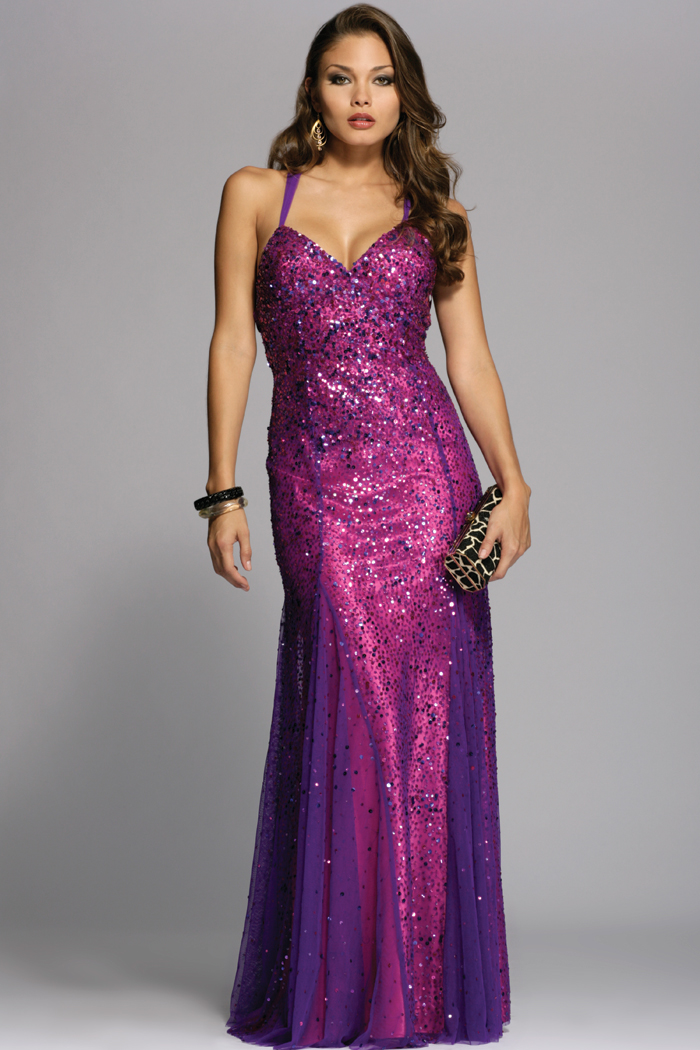 Purple A Line Sweetheart And Cross Back Floor Length Sequined Evening Dresses