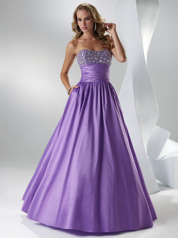 Purple A Line Strapless Sweetheart Low Back Floor Length Satin Prom Dresses With Beading And Pleats