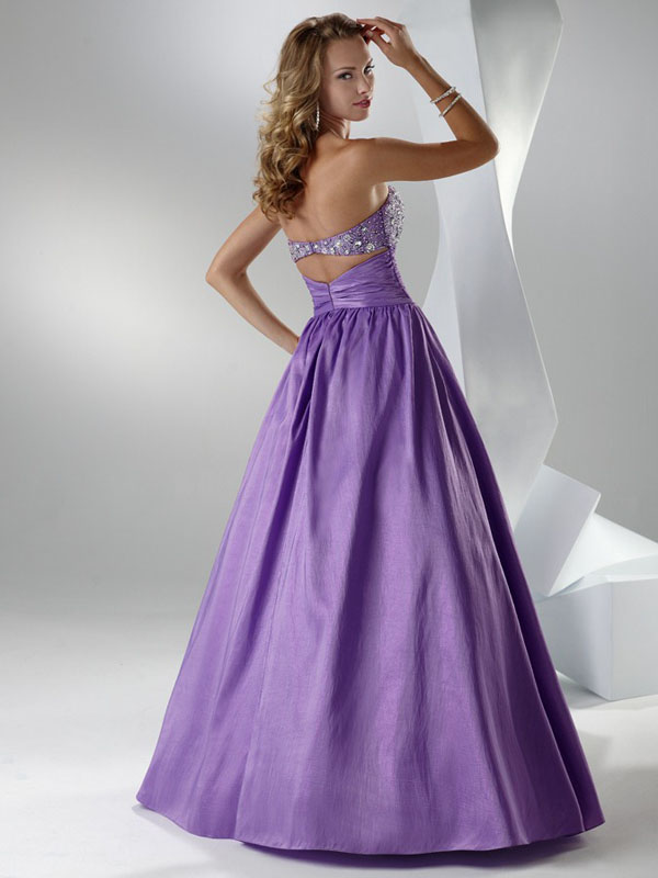 Purple A-Line Strapless Sweetheart Low Back Floor Length Satin Prom ...