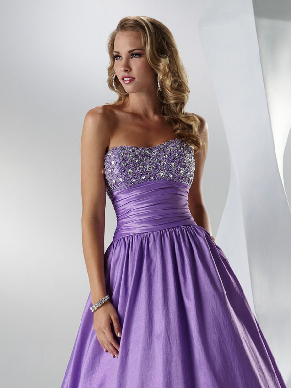 Purple A-Line Strapless Sweetheart Low Back Floor Length Satin Prom ...