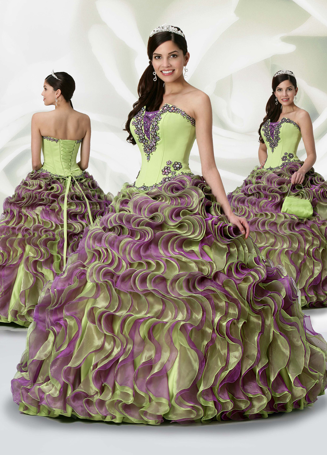 Sage And Purple Ball Gown Strapless Lace Up Full Length Quinceanera Dresses With Beading Embroidery And Ruffles 