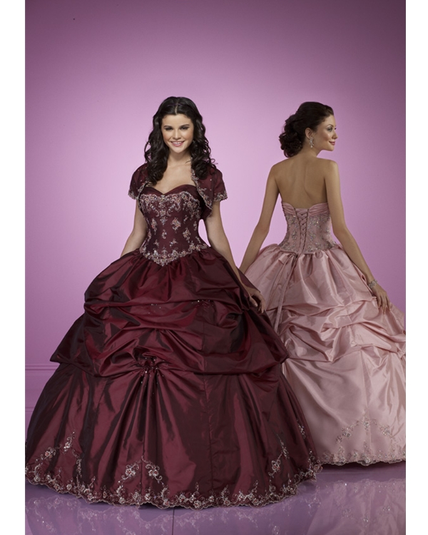 Maroon Strapless Sweetheart Lace Up Floor Ball Gown Length Quinceanera Dresses With Embrodiery And Twist Drapes
