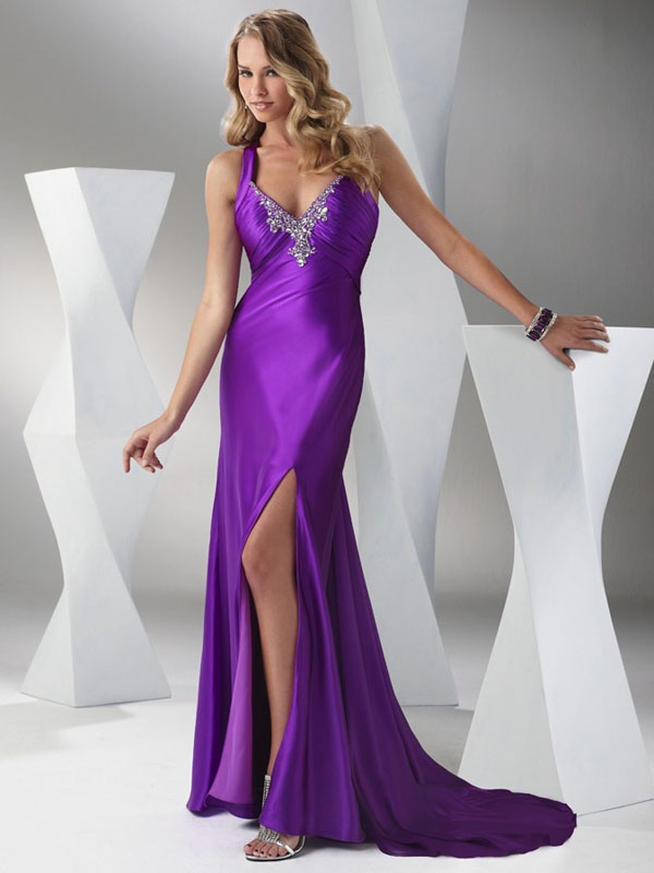 Purple Column Halter and V-Neck Side Slit Cross Back Sweep Train ...