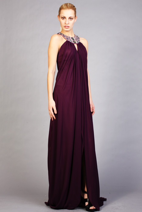 Grape Column Jewel Neck Backless Sweep Train Pleats Floor Length Celebrity Dresses With Side Slit 