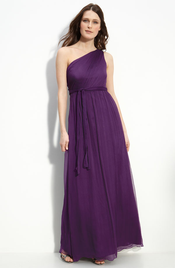 Purple Column One Shoulder Ankle Length Pleated Chiffon Prom Dresses With Sash 