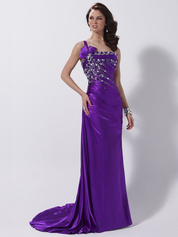 Purple Column One Shoulder Lace Up Sweep Train Full Length Evening Dresses With Beadings