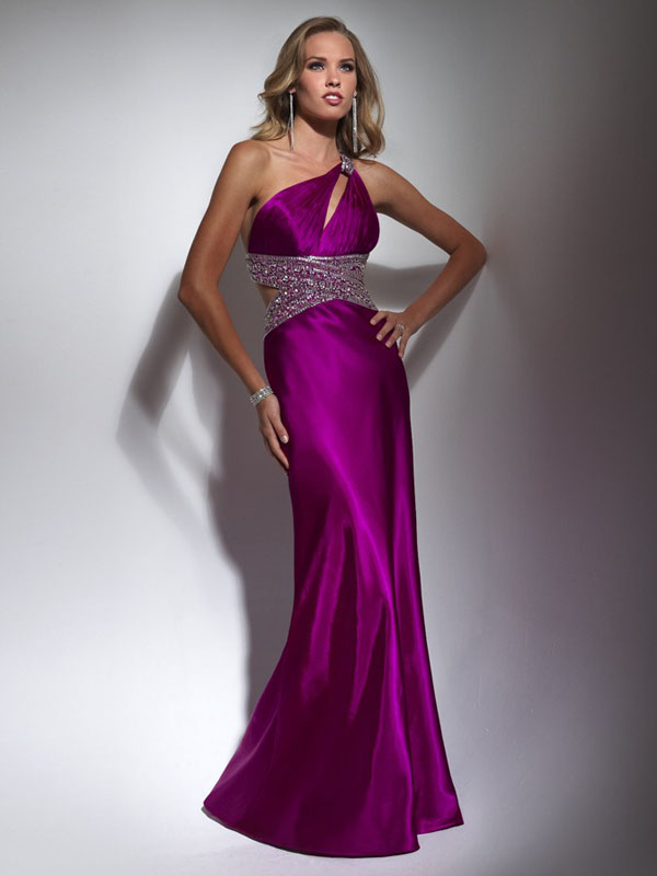 Purple Column One Shoulder Open Back Sweep Train Sequined Floor Length Satin Evening Dresses