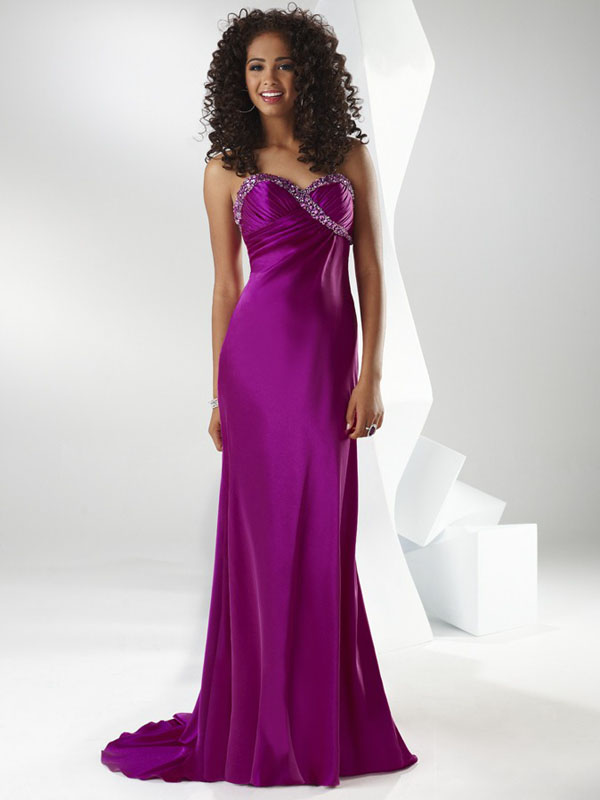 Purple Column Strapless Sweetheart Backless Sweep Train Beading Full Length Evening Dresses