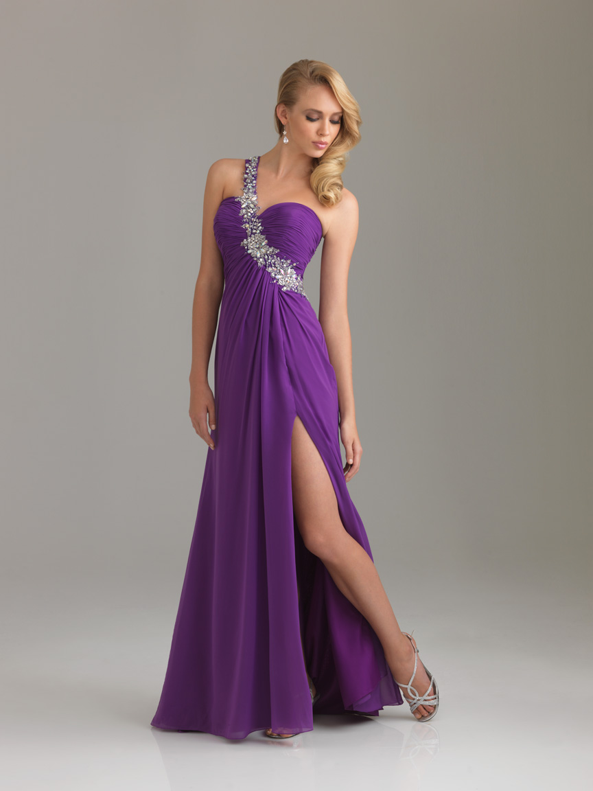 Purple Empire One Shoulder Full Length Chiffon Evening Dresses With Beading And High Slit 