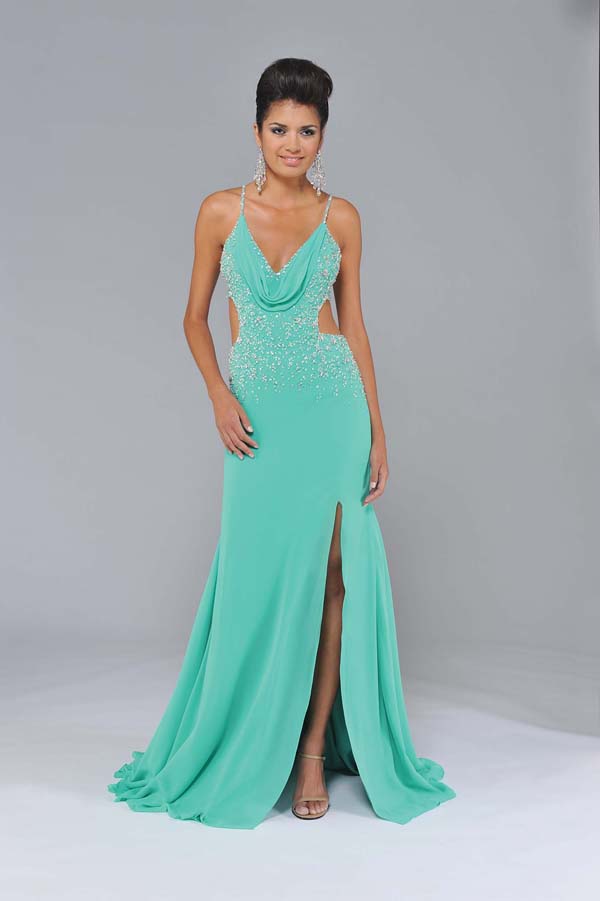 Mint Sheath Spaghetti Straps Cross Back Sweep Train Floor Length Sequin Chiffon Prom Dresses With Side Slit 