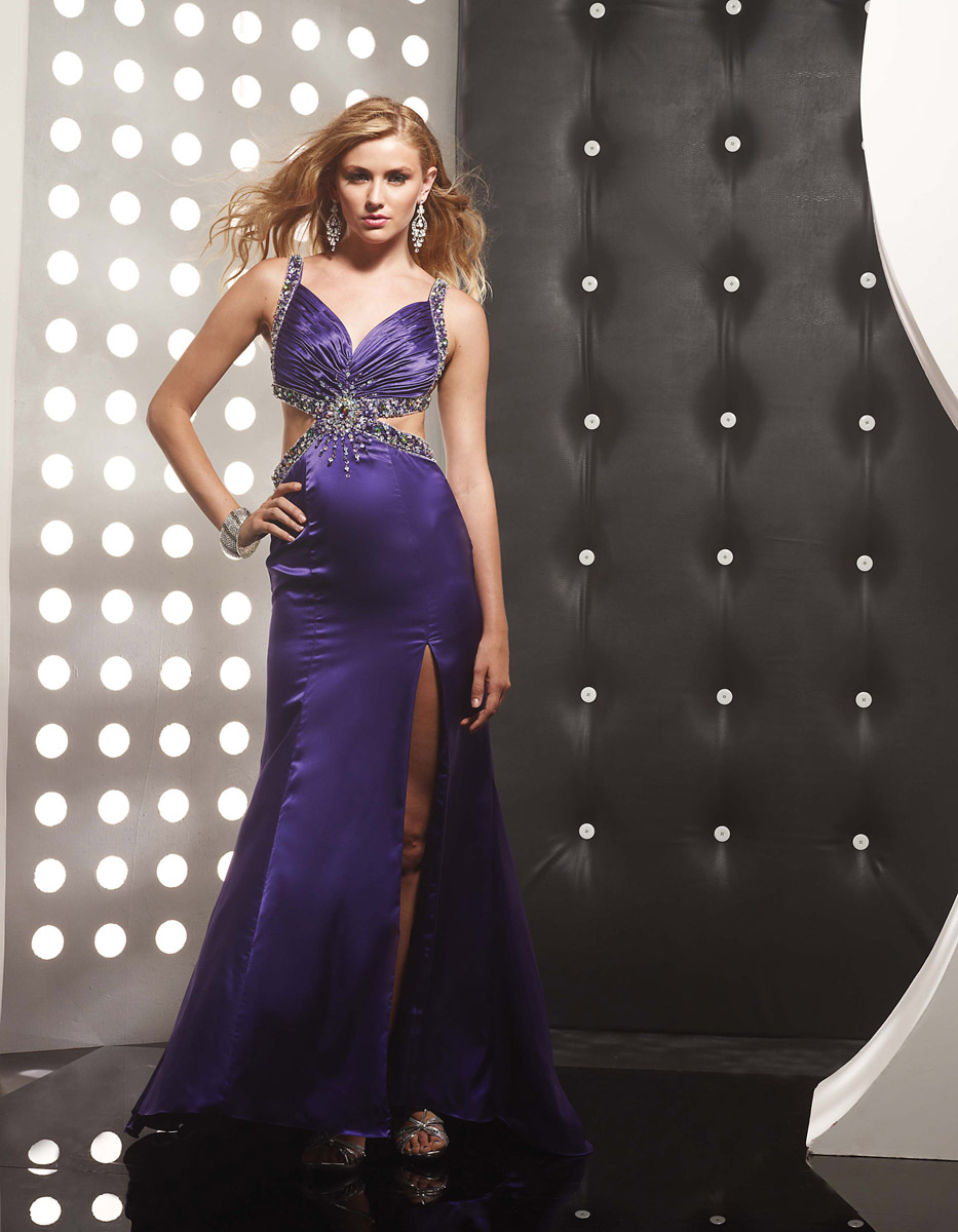 Purple Empire Strap Sweetheart Open Back Sweep Train Floor Length Satin Evening Dresses With Jewel And Side Slit 