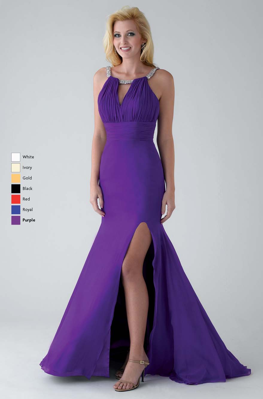 Purple Mermaid Bateau Neck Open Back Sweep Train Floor Length Chiffon Prom Dresses With High Slit 