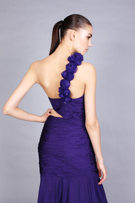 Purple Mermaid One Shoulder Zipper Ruched Ankle Length Evening Dresses With Rosettes
