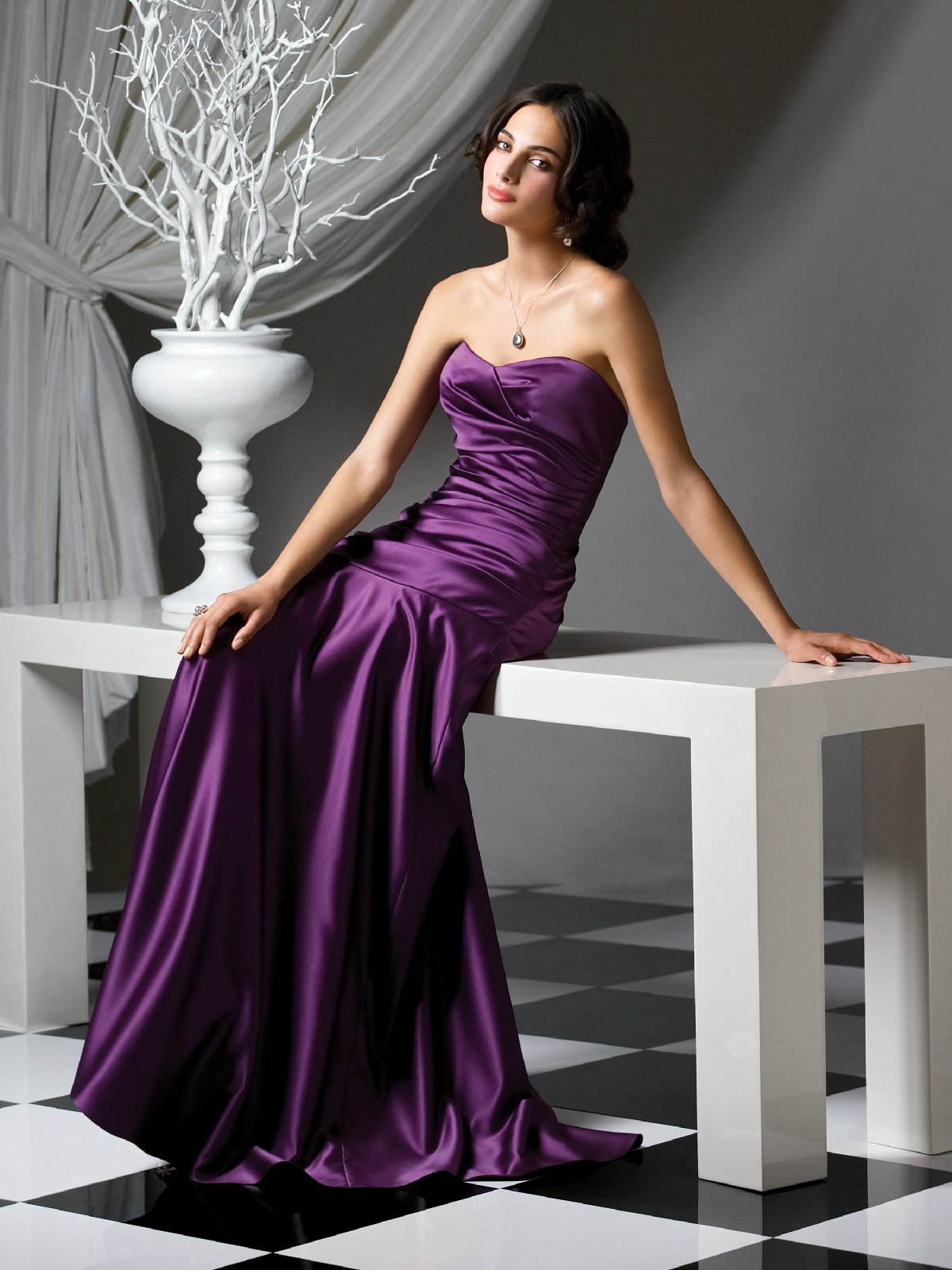 Purple Mermaid Strapless Sweetheart Zipper Sweep Train Floor Length Ruffled Satin Prom Dresses