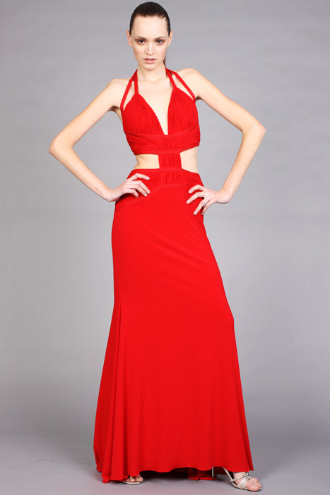 Red A Line Halter Deep V Neck Open Back Sweep Train Floor Length Evening Dresses