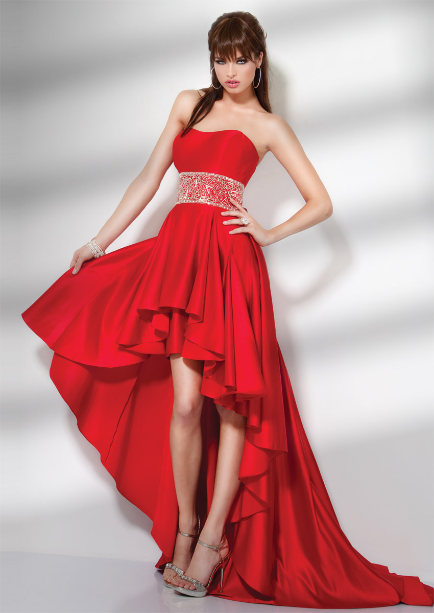 Red A Line Strapless Sweetheart Zipper Sweep Train Hi Low Celebrity Dresses With Sequined Waist