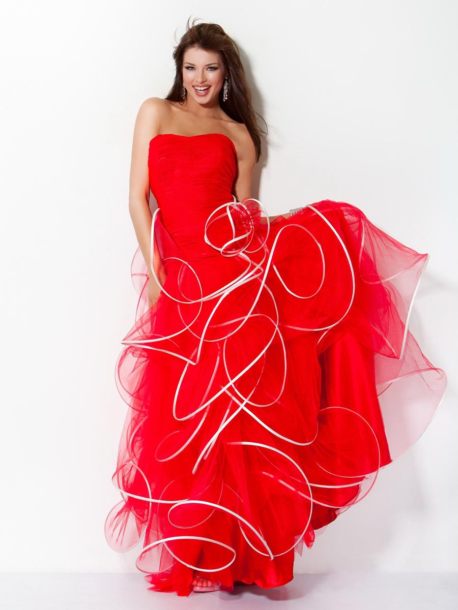 Red A Line Strapless Floor Length Zipper Tulle Prom Dresses With White Trimmed Ruffles