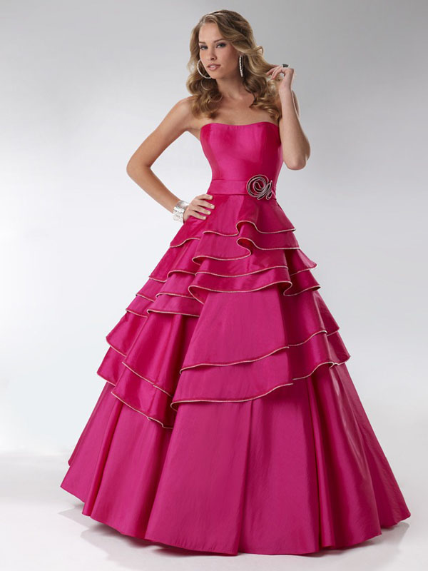 Magenta A Line Strapless Sweetheart Low Back Floor Length Tiered Satin Prom Dresses
