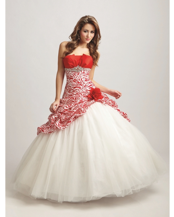 Printed Red And White Ball Gown Strapless Zipper Full Length Quinceanera Dresses