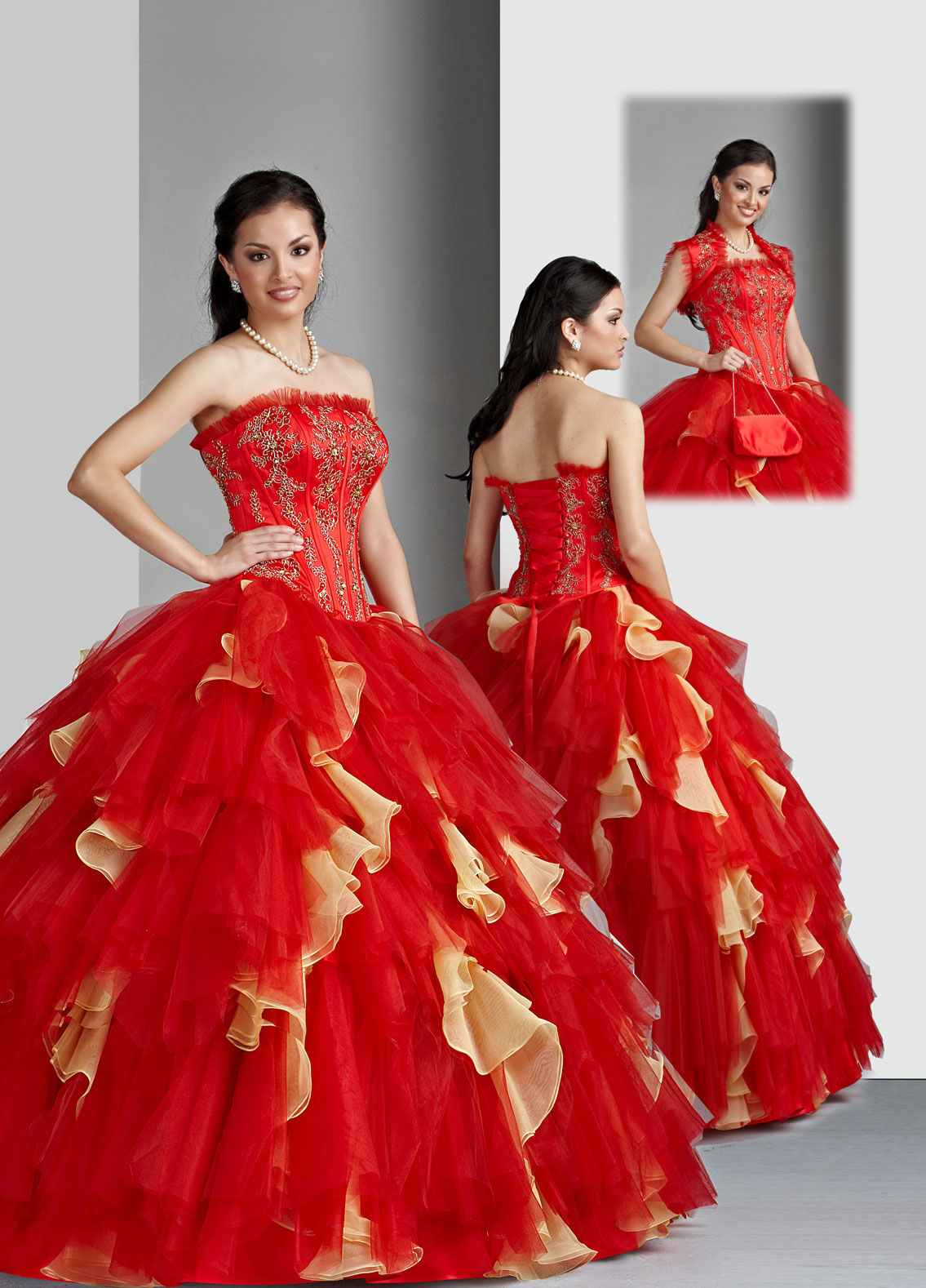 Red And Yellow Ball Gown Strapless Lace Up Floor Length Embroidered And Ruffled Quinceanera Dresses
