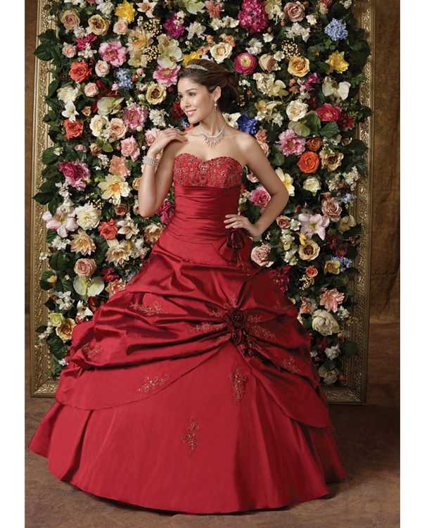 Red Ball Gown Sweetheart Lace Up Floor Length Quinceanera Dresses With Beading And Ruffles And Flowers 