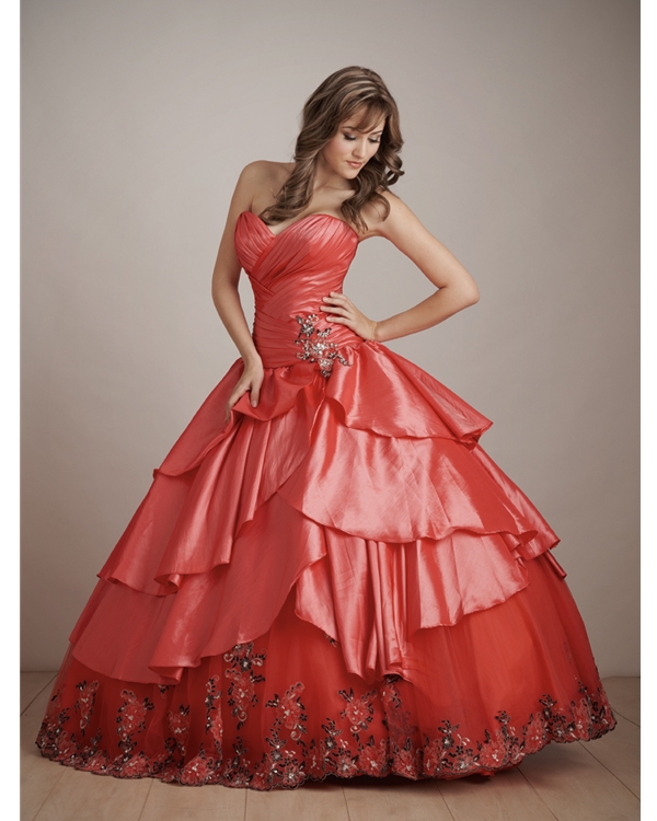Red Ball Gown Sweetheart Lace Up Floor Length Embroidered Quinceanera Dresses