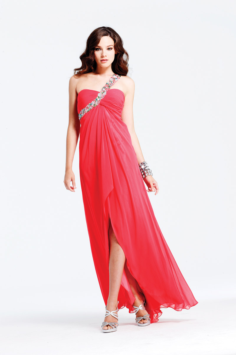 Red Sheath One Shoulder Open Back Floor Length Evening Dresses With Beadings And Side Slit 
