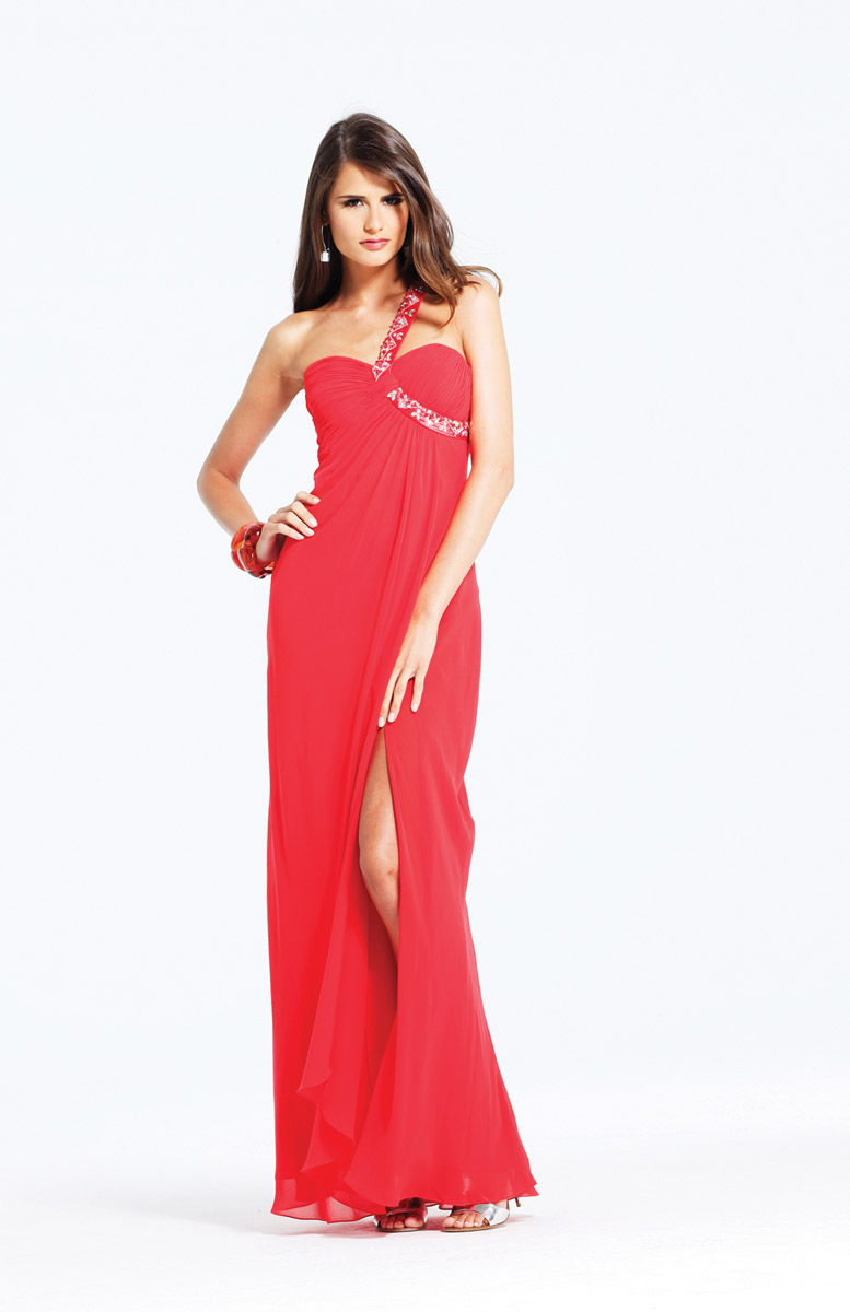Red Column One Shoulder Open Back Beading Pleats Floor Length Evening Dresses With High Slit 