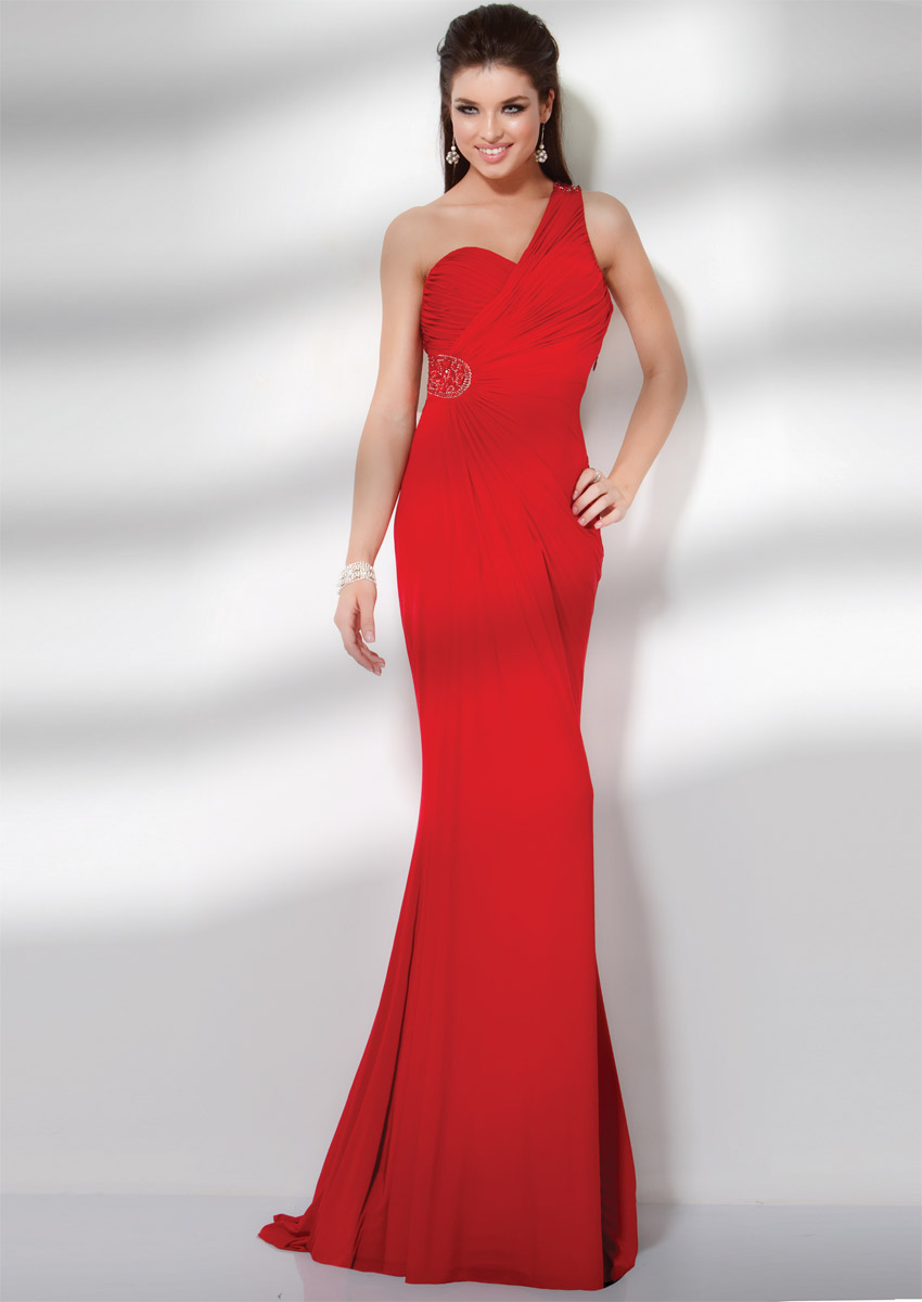 Red Column One Shoulder Open Back Sweep Train Sequined Floor Length Celebrity Dresses