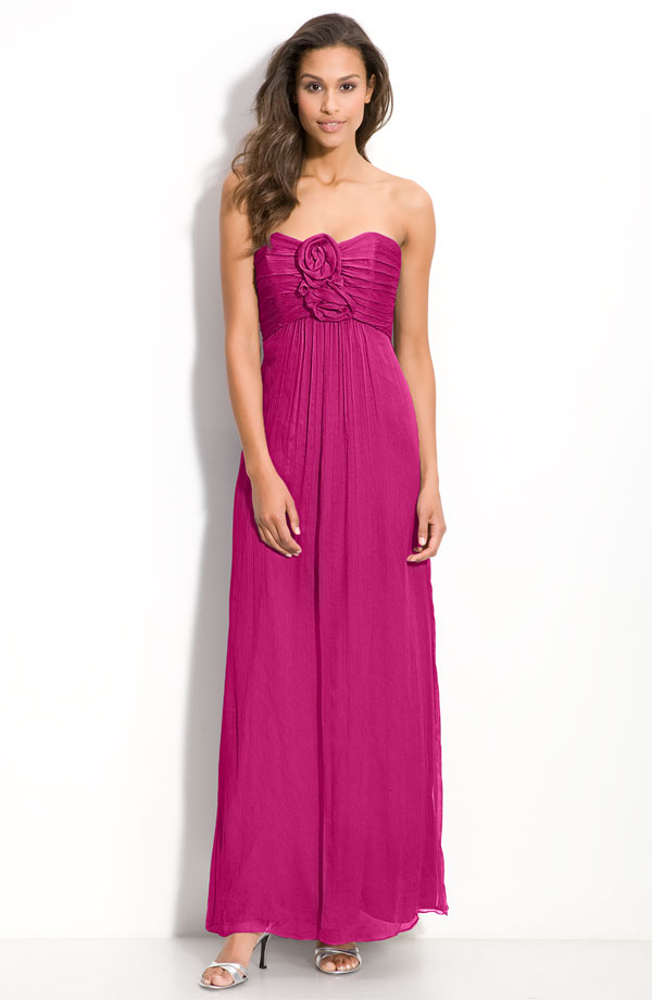 Magenta Column Strapless Sweetheart Zipper Ankle Length Pleated Prom Dresses With Rosette