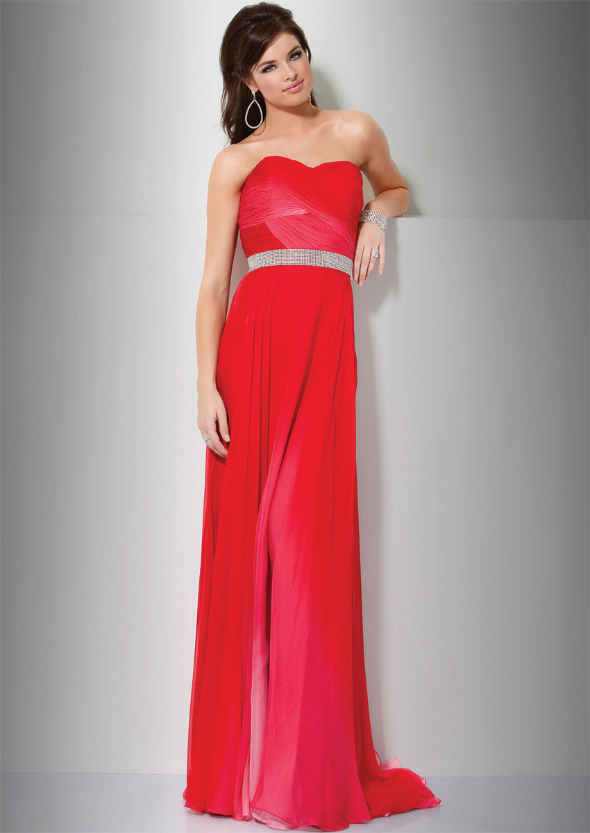 Red Column Strapless Zipper Sweep Train Full Length Evening Dresses With Beading Belt