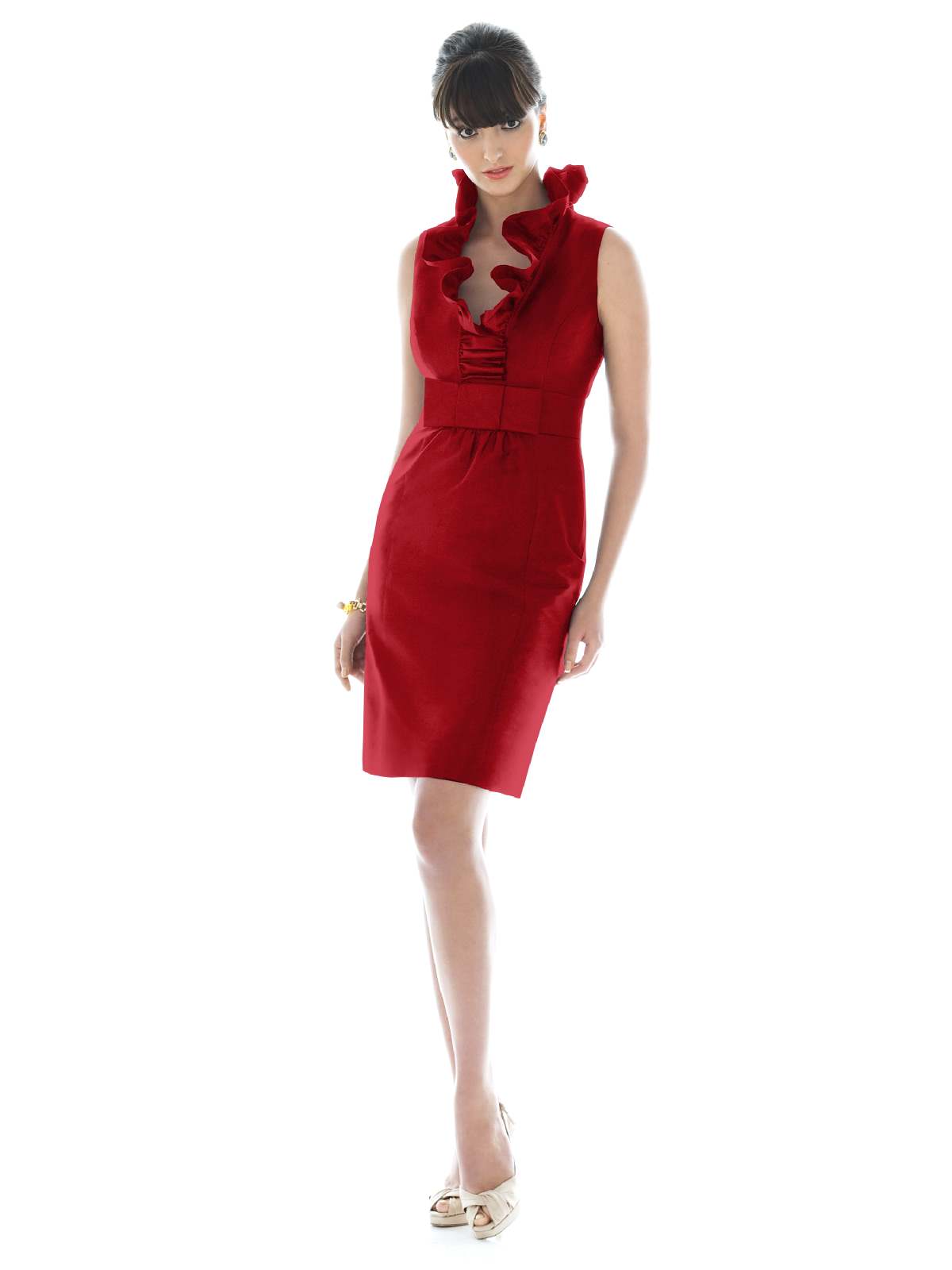 Red Column Flounced V Neck And Sleeveless Slit Zipper Knee Length Prom Dresses