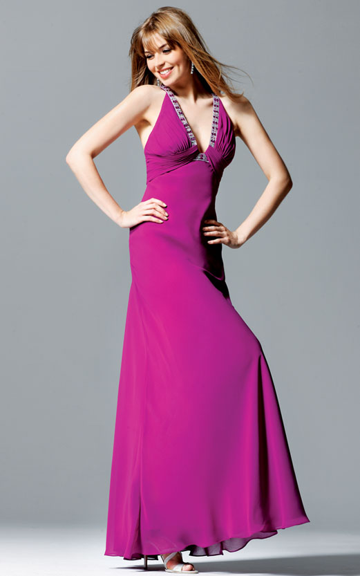 Fuchsia Empire Deep V Neck Cross Back Beading Sequins Floor Length Evening Dresses