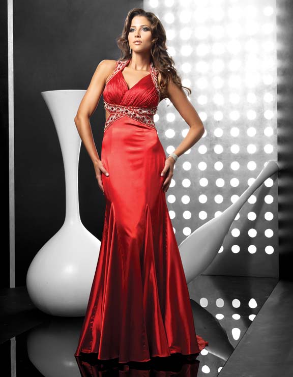 Red Mermaid Halter Full Length Sweep Brush Train Evening Dresses With Beadings 