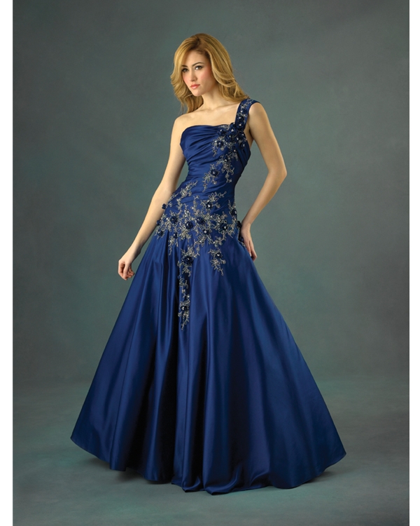 Navy Blue A Line One Shoulder Lace Up Floor Length Quinceanera Dresses With Beading Embroidery