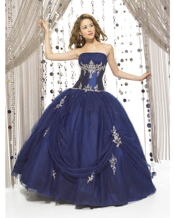 Dark Royal Blue Ball Gown Strapless Lace Up Full Length Quinceanera Dresses With Embroidery And Ruffles 