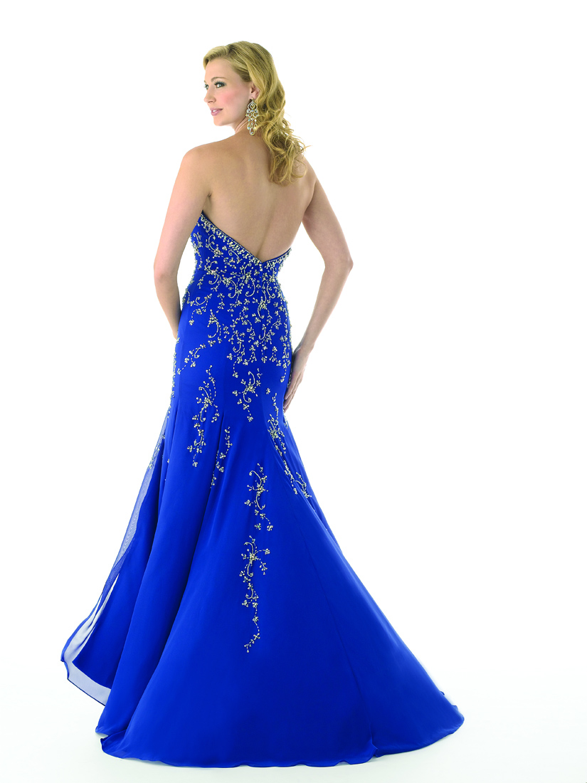 Royal Blue Column Strapless Sweetheart Sweep Train Full Length Chiffon ...