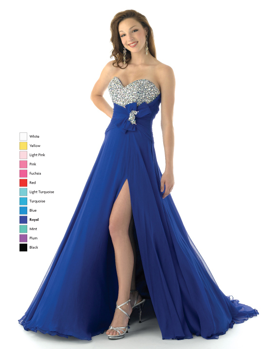 Royal Blue Empire Strapless Sweetheart Low Back High Slit Sweep Train Beading Floor Length Chiffon Prom Dresses