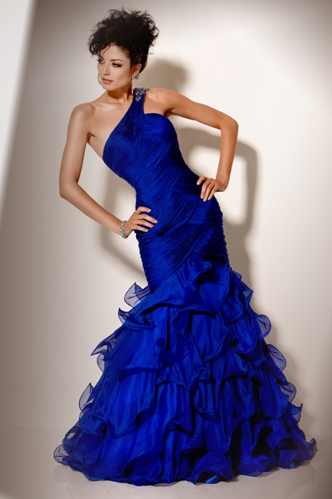 Royal Blue Mermaid One Shoulder Zipper Full Length Celebrity Dresses With Beading And Tiered Ruffles 