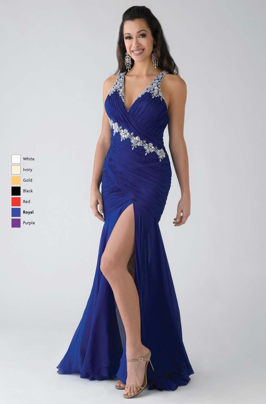 Royal Blue Mermaid V Neck And Strap V Back Full Length Ruched Chiffon Prom Dresses With Beading And High Slit