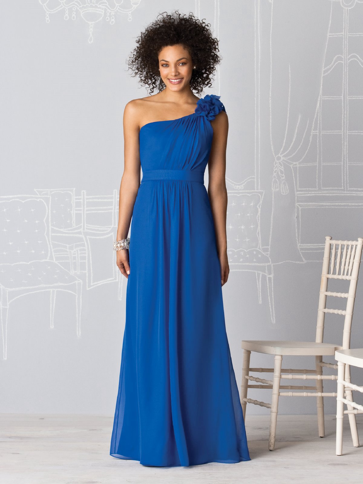 Royal Blue A Line One Shoulder Low Back Floor Length Chiffon Prom Dresses With Drapes And Rosette 